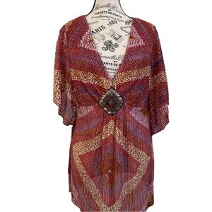 Soulmates 2X Boho Knit Tunic Top Multicolor Buckle V Neck Festival